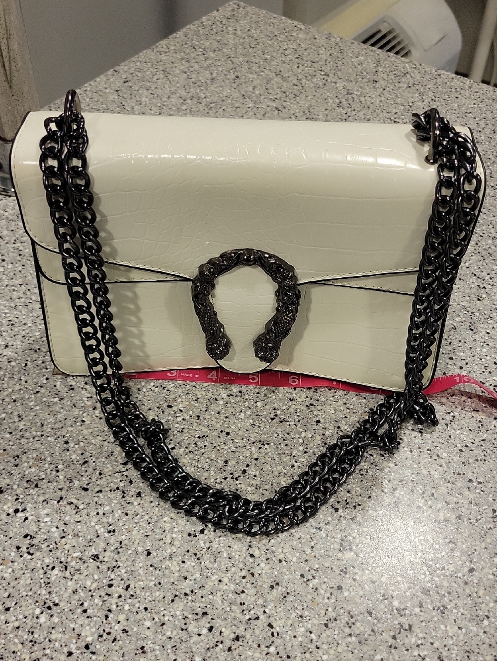 White Croc-Embossed Crossbody Bag with Gunmetal Chain